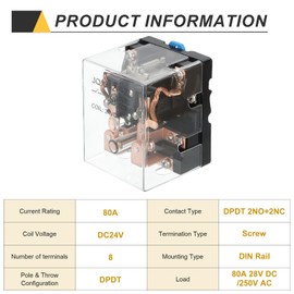 PATIKIL DC24V 80A Electromagnetic Relay, High Power Relay DPDT 2NO 2NC 8 Terminals Din Rail Mounting