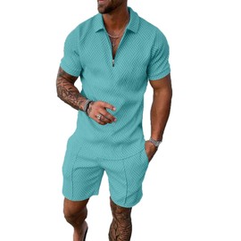 Kubsid Sky Blue S Men Track Suits 2 Piece Set Summer Casual Outfits Fashion Polo Shirts Short Sleeve and Shorts Set Vacation Clothes