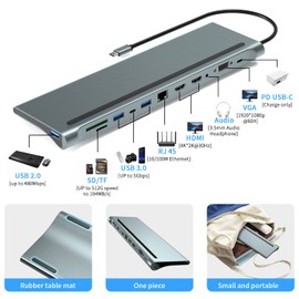 USB-C-Dockingstation, 12-in-1-USB-C-Hub, 3 Monitor Typ C auf 4K Dual HDMI+VGA-Adapter, Laptop-Dockingstation Multiport 87W PD, USB3.0 SD/TF RJ45 Audio für HP/MacBook/Dell/Lenovo-Laptops
