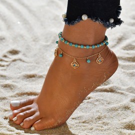 Umimiss 2PCS Turquoise Anklet Hollow Flower Pendant - Ankle Bracelets For Women, Sterling Silver Anklet,Women's Anklets,Beach Accessories,Beaded Anklets,Ankle Bracelet,Boho Anklets for Girls and Women