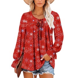 Womens Chic Tunics Loose Flowy Soft Travel Versatile Tops Casual Crew Neck Winter Ruffled Long Sleeve Blouse 2025 Snow Floral Red Print Dressy Business Pleated Tunic Clothing M