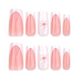 White French Tip Press on Nails Medium Coffin Flower Fake Nails with Designs Spring False Nails Glossy Gel Acrylic Nails Full Cover Glue on Nails 3D Cherry Floral Stick on Nails for Women 24Pcs