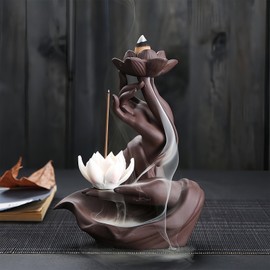 RE RELIURE Lotus in Hand Cermaic Backflow Incense Burner,Waterfall Incense Burner with 50 Sandalwood Backflow Incense Holder Cones + 40 Incense Sticks,Incense Waterfall Fountain for Zen Decor (1)