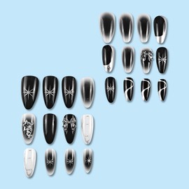 24Pcs Shine Sliver Press on Nails Medium Stiletto Fake Nails Goth Bow & Rhinestone Designs Stick on Nails Almond Shaped False Nails 3D Stars Glue on Nails Full Cover Glossy Acrylic Nails for Women