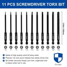 DAKCOS 11-Piece Tamper Proof Torx Bit Set, Premium S2 Alloy Steel Security Star Bits,100mm Long T6 - T40