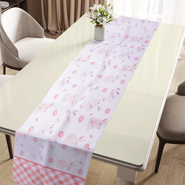 URROMA Easter Bunny Table Runner, Pink Plaid Rabbit Ears Easter