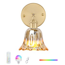 GEEZO Vintage Wall Sconces, Rechargeable Wall Lights with Remote Control Flower Glass Lampshade,180° Adjustable Brass Sconces with 15 Colors for Beside Bedroom Living Room Doorway (1 PCS)