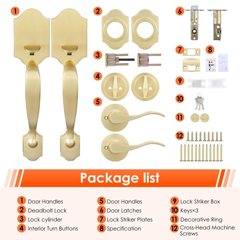 Haidms Gold Front Door Lock Set - Heavy Duty Double