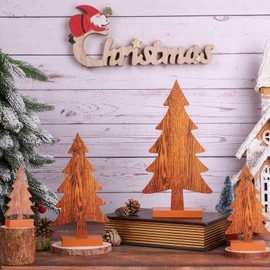 4 Pieces Wooden Christmas Tree Tabletop Decor Rustic Wood Christmas Trees Table Centerpieces Christmas Tiered Tray Decor Wood Trees with Rectangular Base for Xmas Winter Holidays Party (Wood Color)