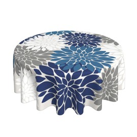 Navy Blue Dahlia Floral Tablecloth Round 70x70 Inch Summer Table Cloth,Stain Resistance Grey White Modern Geometry Flower Decor Table Covers for Kitchen Dining,Small Tablecloth for Party Picnic