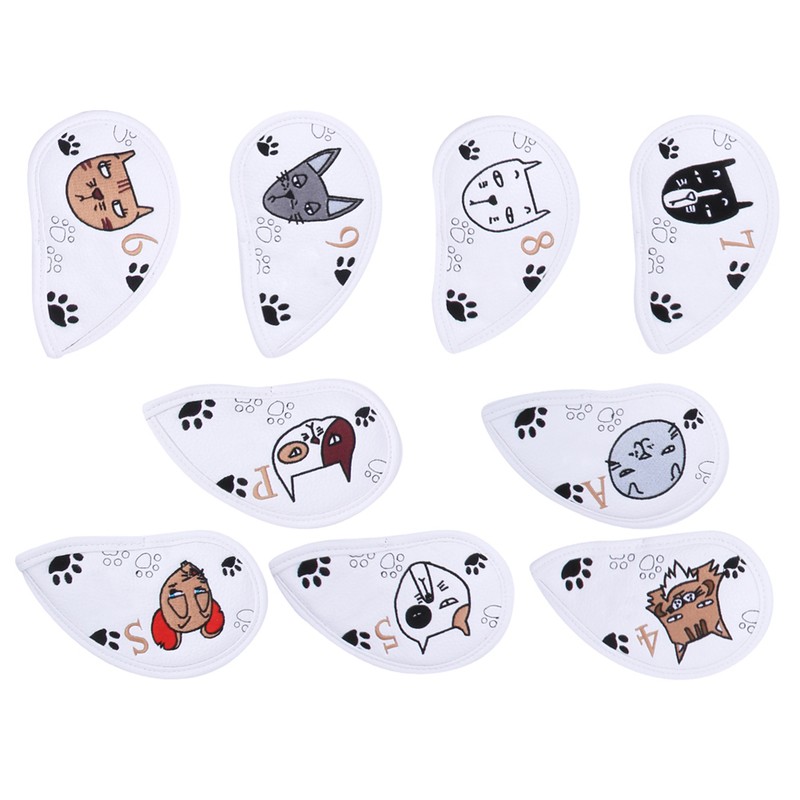 9PCS PU Leather Embroidery Waterproof Golf Putter Head Cover Iron