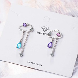 QIAMNI Cute Asymmetric Rain Cloud Stud Earrings for Women Silver Cubic Zirconia Water Drop Tassel Earring Female Sterling Silver, Sterling Silver