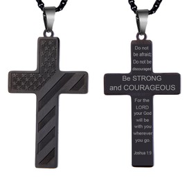 SAELACY American Flag Cross Necklace for Men with Bible Verse Joshua 1:9 Black Silver Tone Stainless Steel Christian Pendant Necklace Box Chain (Joshua 1:9, black, chain length:24")