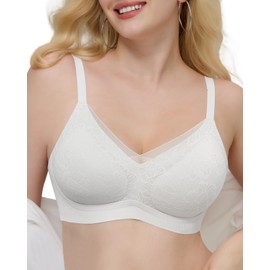 As Fairy Wireless Push-Up Lace Bra Mesh V-Neck Bralettes with Natural Lift Support Seamless Comfort Bras for Daily Wear White 38DD