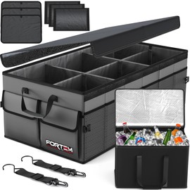 FORTEM Car Trunk Organizer with Cooler, Car Storage Organizer, Collapsible Multi Compartment Car Organizer, SUV Trunk Organizer, Non Slip Bottom, Adjustable Straps Soft Cover 105L (Grey, XX-Large)