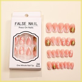 V French Tips Press on Nails with Flower Design, Glossy Gold Glitter Acrylic False Nails Gel Glue on Nails Sparkly Medium Coffin Full Cover Fake Nails Stick on Nails Manicure Art for Women Girls 24Pcs