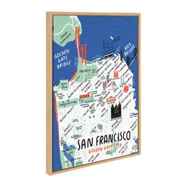 Kate and Laurel Sylvie San Francisco Illustration Framed Canvas Wall Art by Stacie Bloomfield of Gingiber, 23x33 Natural, Beautiful Cityscape Wall Decor