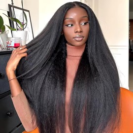 Glueless Wig Human Hair Yaki 4x4 Hd Lace Front Wigs for Black Women 180% Density Wear and Go Glueless Wigs Human Hair Pre Plucked Pre Cut Kinky Straight Ready to Wear No Glue Closure Wig 20 Inch