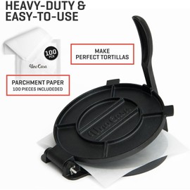 Uno Casa Cast Iron Tortilla Press 10 Inch - Tortilla Maker Press, Pre-Seasoned Roti Maker with 100 Pcs Parchment Paper - Heavy Duty Quesadilla Maker for Homemade Flatbreads, Rotis, Empanadas