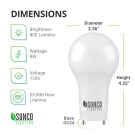 Sunco 16 Pack GU24 LED Light Bulb 2 Prong A19, 3000K Warm White, 9W Equivalent 60W, CFL Replacement 800 LM, Super Bright Dimmable, Twist and Lock GU24 Pin Base with Two Prongs, Instant On, UL