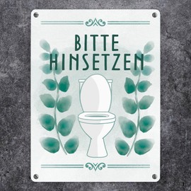 Bitte hinsetzen Toiletten Metal Sign in 15 x 20 cm with Floral Pattern Tin Sign for Toilet Decoration for the Silent Place Leaves Watercolours Beautiful Sign Decorative Bathroom