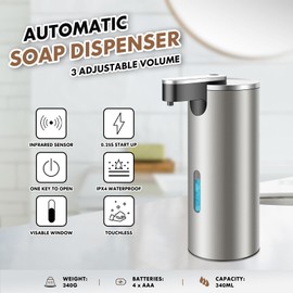 HMJIA Automatic Stainless Steel Soap Dispenser with 3 Levels Adjustable Infrared 340 ml Electric Soap Dispenser IPX4 Waterproof Soap Dispenser Sensor for Kitchen and Bathroom (Silver)
