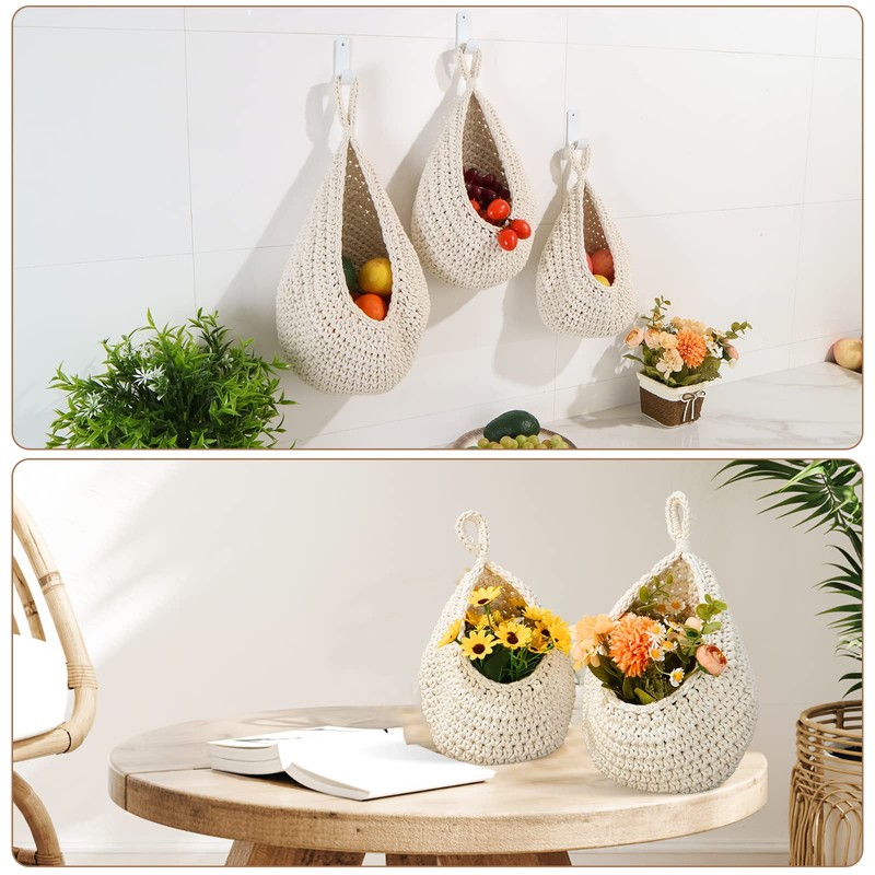 Hanging Fruit Baskets for Kitchen - 3 Pack Boho Wall
