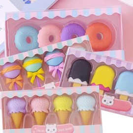 ieron 4 Styles Eraser Set, 16 Pcs Cute Lovely Mini Novelty Eraser Lollipop/Ice/Doughnut Creative Eraser Stationery School Office Supplies, Children's Birthday Party Favours