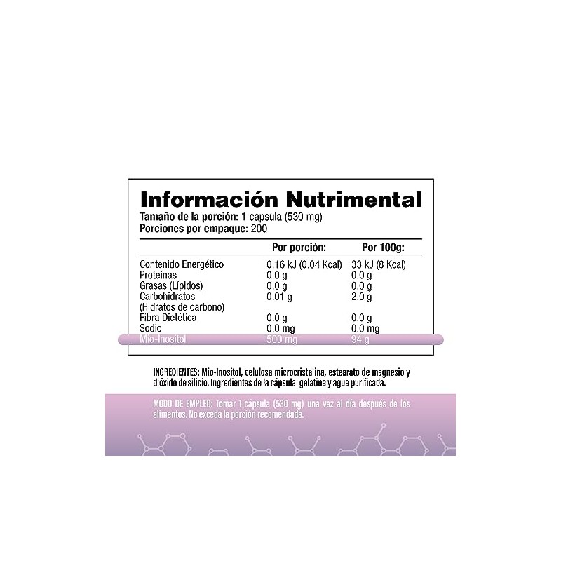Myo Inositol Puro 500 mg 1 al Día 200 Cápsulas