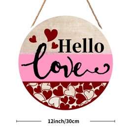 Anyako Valentine's Day Hello Love Door Sign For Front Door Decor,Red Heart Wooden Sign 12"x 12" Round Wood Hanging Door Sign Valentines Decoration for Wall Rustic Farmhouse Porch Decor