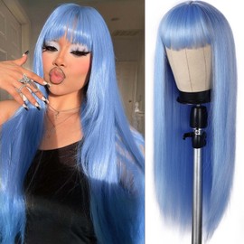 Lady Hanne Long Straight Wig With Bangs Light Blue Silky Straight Hair Wigs for Women 26 Inch Synthetic Heat Resistant Fiber Wig for Cosplay Daily Party Use