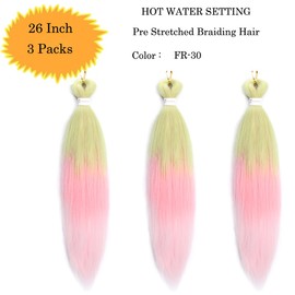 Pre Stretched Braiding Hair Extensions 3 Packs 26 Inch Ombre light Green to Light Pink Braiding Hair Synthetic Braids Hair Extension for Women Hot Water Setting(26Inch,FR-30)