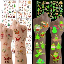Christmas Party Favors for Kids - 128PCS Luminous Christmas Tattoos Glow in the Dark Goodie Bag Stocking Stuffers, Xmas Temporary Tattoos Party Supplies Decorations for Kids | 4 Sheets (6 x 8.2 inch)