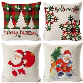 Gadihua 4 Pcs Christmas Throw Pillow Covers,Christmas Decorations Christmas Pillow Covers 18 x 18 Inches Xmas Series Cushion Linen Pillow Cover Custom Zippered Square Pillowcase