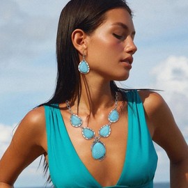 EVER FAITH Blue Turquoise Jewelry Set, Vintage Style Boho Costume Statement Collar Necklace Dangle Earrings Set for Women, Turquoise