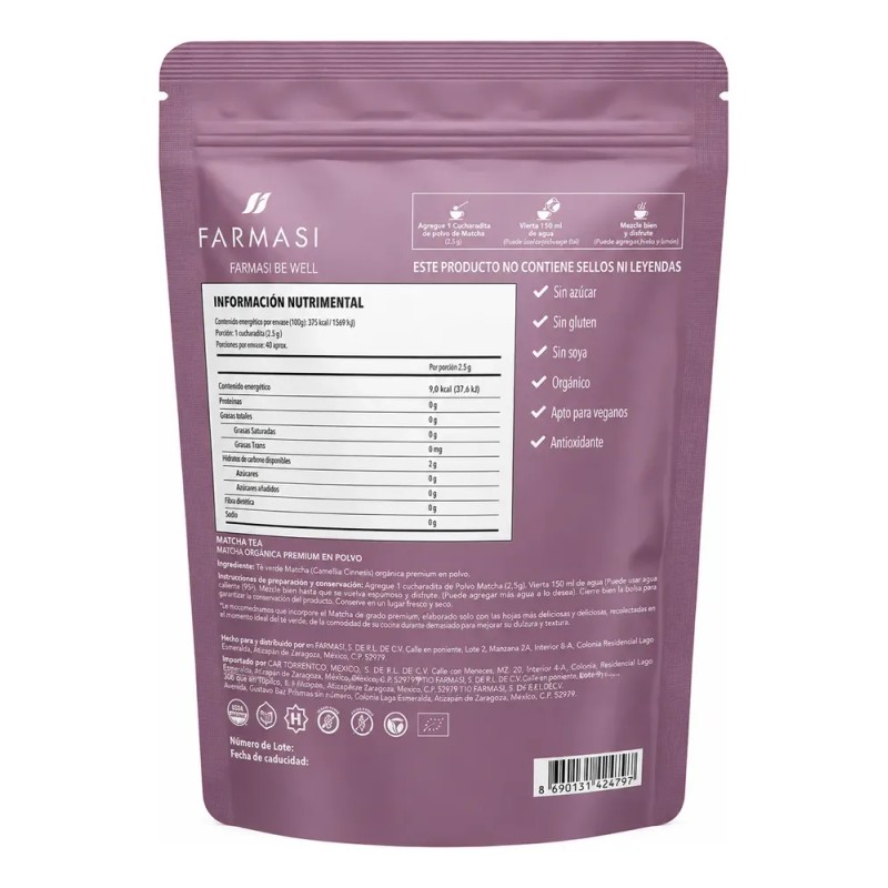Matcha Tea: Matcha Orgánica Premium En Polvo 100g Farmasi
