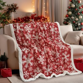 Horaldaily Christmas Sherpa Flannel Blanket Throw, Red Snowflake Soft Fuzzy Plush Cozy Fleece Blankets for Couch Sofa Bed Lounging, Ideal Gifts for Kids Adults Wife Self, 50x60