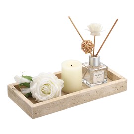 Hipiwe Natural Travertine Tray Vanity Decorative Tray Rectangular Perfume Tray Bathroom Countertop Storage Tray Catchall Tray for Vanity Jewelry Trinket Candles Organizer, 9.8"x4.7"x1.2"