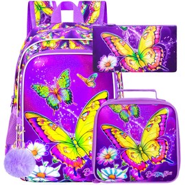 ZLYERT 16" Butterfly Backpack for Girls, 3Pcs Kids School Backpacks with Lunch Box, Bookbag for Elementary Preschool Kindergarten(Purple)