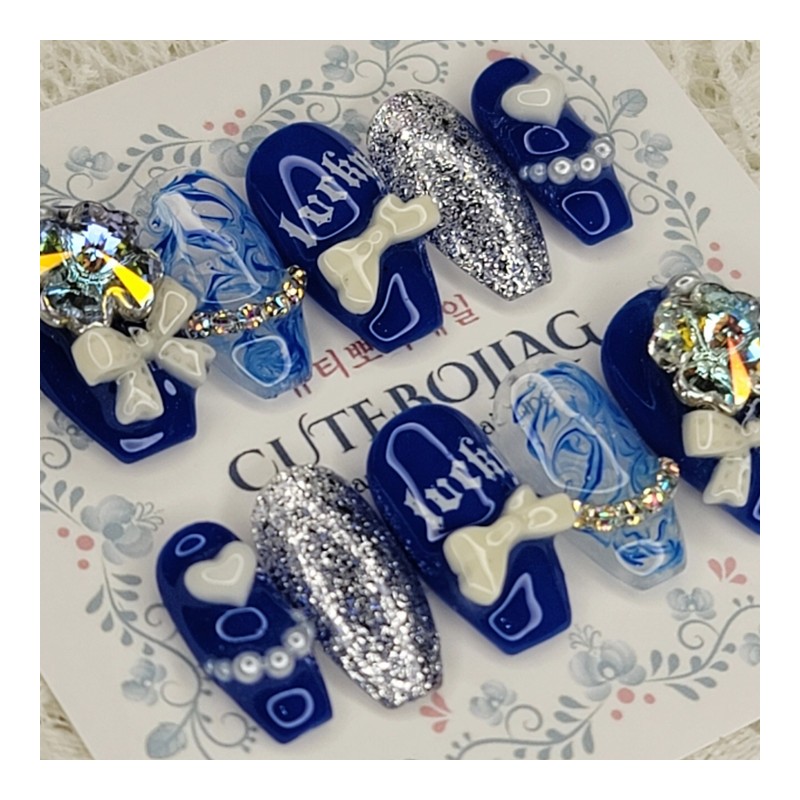 Blue Lucky Handmade Nail Tips - Square L / 블루