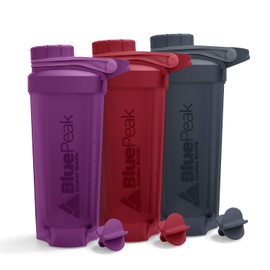 BluePeak Protein Shaker Bottle 28-Ounce, 3-Pack with Twist Cap. BPA Free, Shaker Balls Included (Purple-Red-Gray)