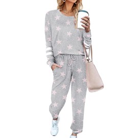 Ekouaer Sweatsuits Womens Loungewear Set Tracksuit Long Sleeve Pajamas Set with Pockets 2 Piece Outfits Lounge Sets Light Gray Star X-Large