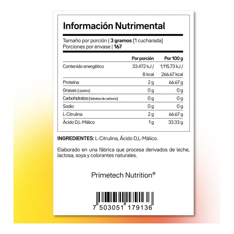 Citrulina Malato Pura Polvo Suplemento Primetech Citru2 500 167 Porciones
