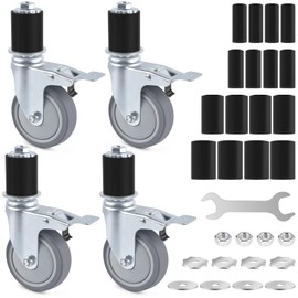 ERKOON 3 Inch Prep Table Caster Wheels Set, 4 Heavy Duty Expanding Stem Casters Fit 7/8", 1", 1-1/2", 1-5/8" Tube Leg with Brake for Stainless Steel Table, Cart, Furniture Legs, Kitchen Workbench