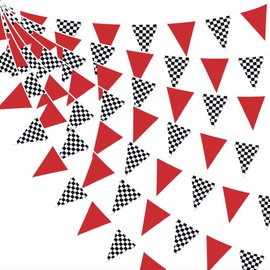 32Ft Red Black White Checkered Racing Car Party Decorations Race Car Triangle Flag Pennant Banner Fabric Garland Streamer for Kids Two Fast Birthday NASCAR Baby Shower BBQ Bar Picnic Outdoor Decor