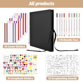 GOTIDEAL 12 x 12 Inch Scrapbook Album with 10 Metallic Markers,80 Pages Craft Paper Photo Album for Wedding and Anniversary, Family DIY Photo Album with Scrapbooking Stickers Corners(Black)