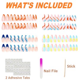 Press on Nails Medium Almond Design, Fake Nails Glue on Nails Set with Adhesive Tabs Nail File for Women 4 Packs (96 Pcs)