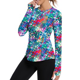 Avoogue Women's Long Sleeve Shirts UPF 50+ UV Protection Shirts for Hiking Fishing Workout Rash Guard with Thumb Holes(Colourful Floral,L)