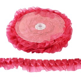 Craftdady 21.8 Yards Pleated Ribbons 1-5/8 inch Deep Pink Satin Organza Ribbons 2-Layer 40 mm Lace Edge Ribbon Vintage Lace Trim for Applique Sewing Wedding Embellishment