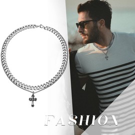 Flongo Men's Necklace Cuban Chain with Cross Pendant Vintage Double Chain Titanium Necklace Carved Cross Vintage Gothic Necklace for Punk Hip Hop Men, Stainless Steel